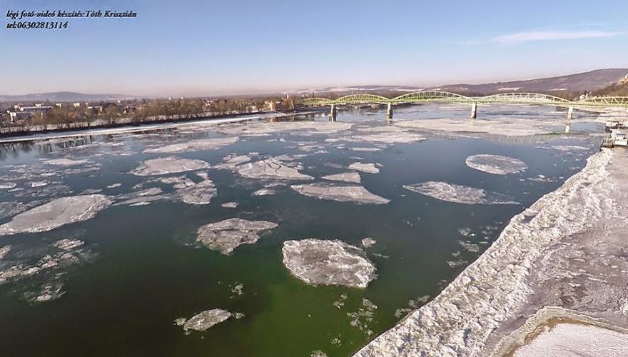 Hungary, The Danube In Esztergom Ice Breaking (aerial Photography And Aerial Video)