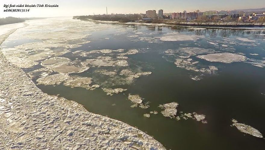 Hungary, The Danube In Esztergom Ice Breaking (aerial Photography And Aerial Video)
