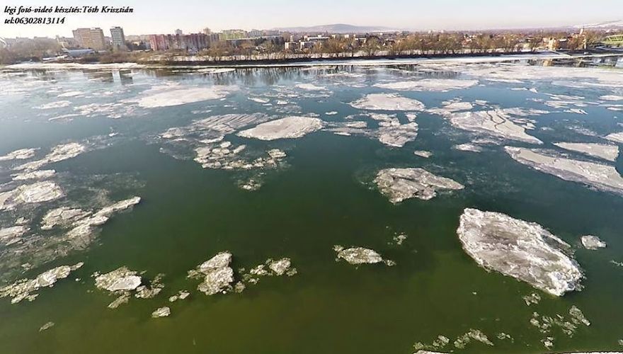 Hungary, The Danube In Esztergom Ice Breaking (aerial Photography And Aerial Video)