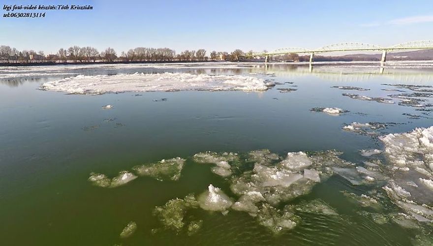 Hungary, The Danube In Esztergom Ice Breaking (aerial Photography And Aerial Video)