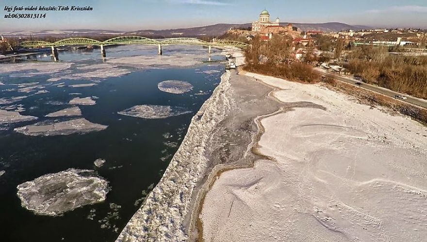 Hungary, The Danube In Esztergom Ice Breaking (aerial Photography And Aerial Video)