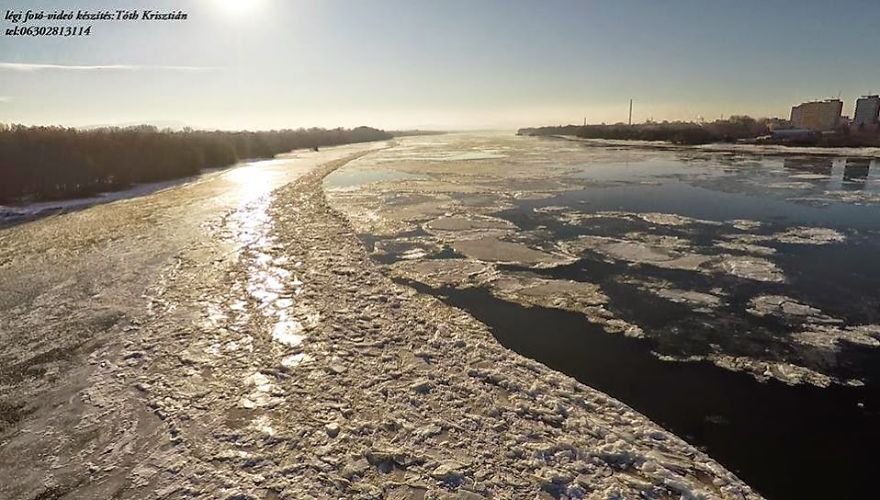 Hungary, The Danube In Esztergom Ice Breaking (aerial Photography And Aerial Video)