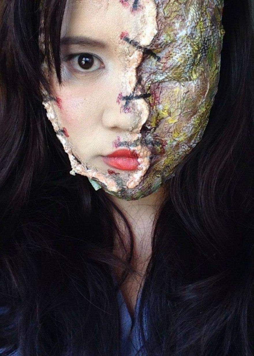 Horror Make-Up Made Out Of Tissue Paper, Glue And Old Make-Up