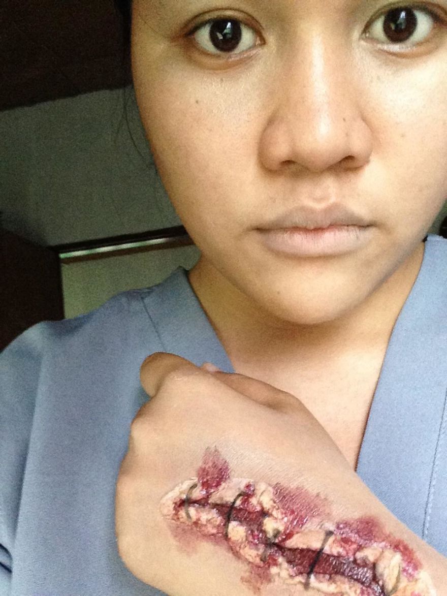 Horror Make-Up Made Out Of Tissue Paper, Glue And Old Make-Up