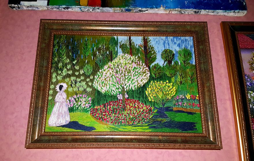 I 'painted' Claude Monet's 'jeanne Marguerite Lecadre In The Garden' Using Needle And Thread