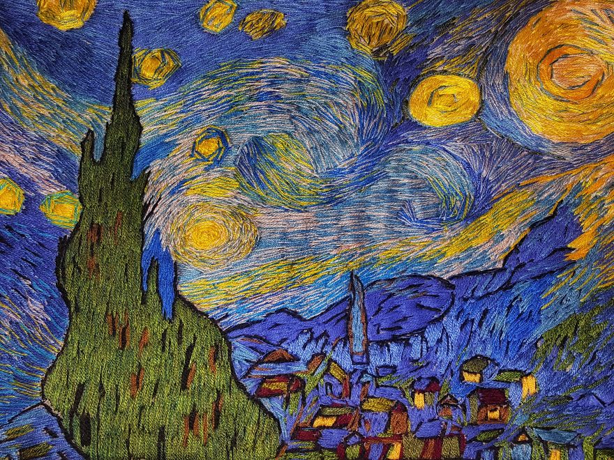 I ‘Painted’ Vincent Van Gogh’s ‘The Starry Night’ Using Needle And Thread