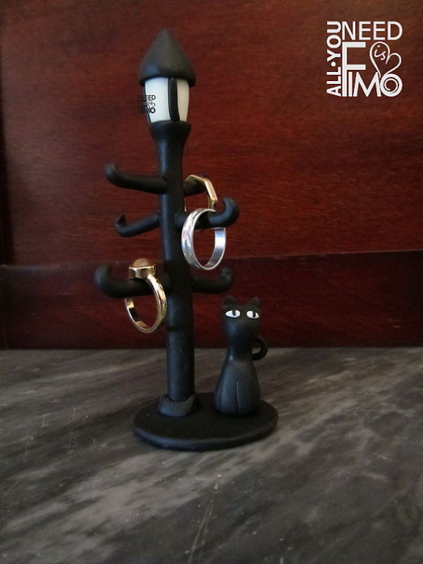 I Made This Ring Holder Out Of Polymer Clay! Lamppost And Cat's Eyes Glow In The Dark ☺