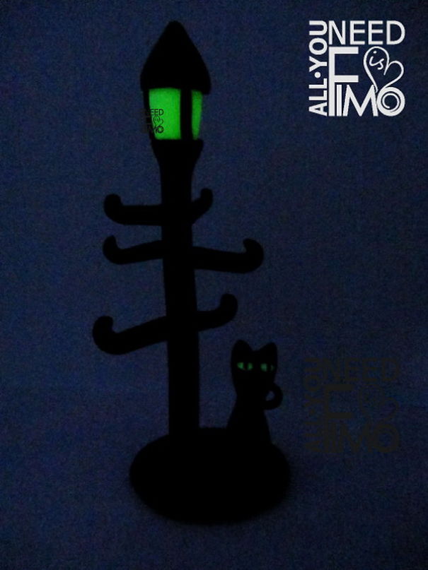I Made This Ring Holder Out Of Polymer Clay! Lamppost And Cat's Eyes Glow In The Dark ☺