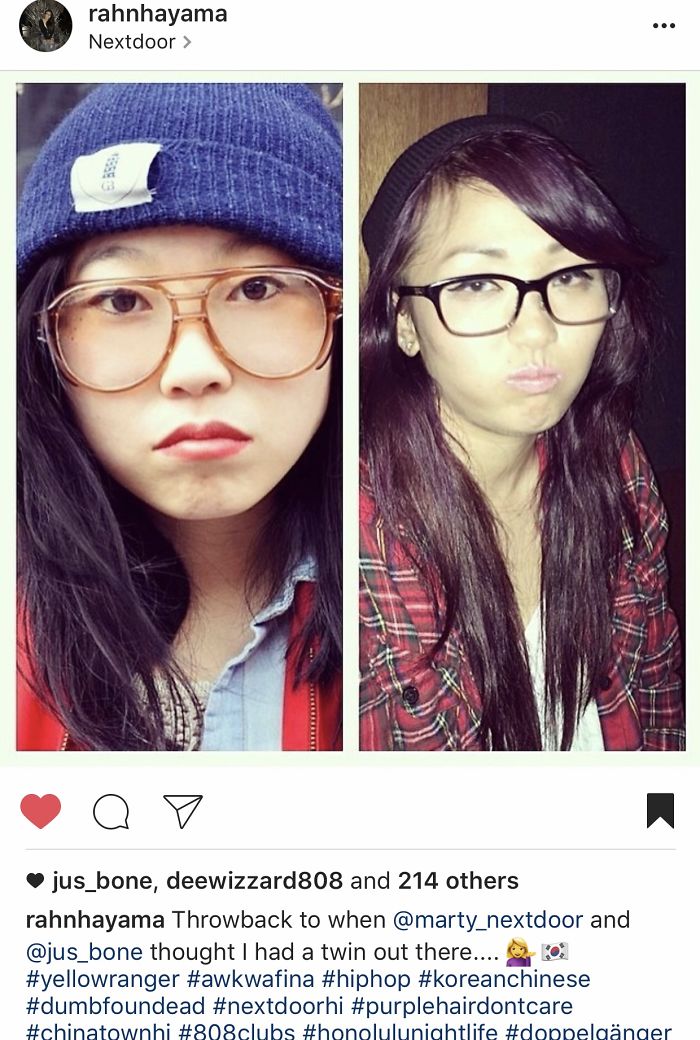 My Doppelgänger Is Awkwafina (rapper/television Personality) From Queens, New York... I Am A Waitress/bartender From Hawaii... First Picture Was A Collage From A Friend Who Was Bringing Her Down Down For A Show That In Hawaii Saying I'm Her Doppelgänger (i'm On The Right). Second Picture Is When We Met For The First Time At The Show And Learned That Our Voices Sound The Same!!! (i'm On The Right Again)
