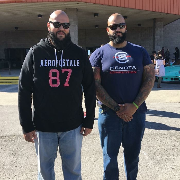 My Fiancé Ran Into His Doppelgänger At A Car Show. I Called The Guy Over And Made Them Take A Picture Together.