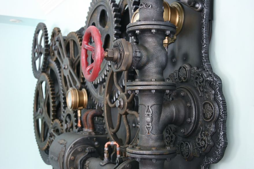 A Giant Kinetic Industrial Wall Sculpture Or Mural. (steampunk To The Max !) 8 Feet Wide X 5 Feet High And Approximately 250 Pounds. Made Of Mdf Wood