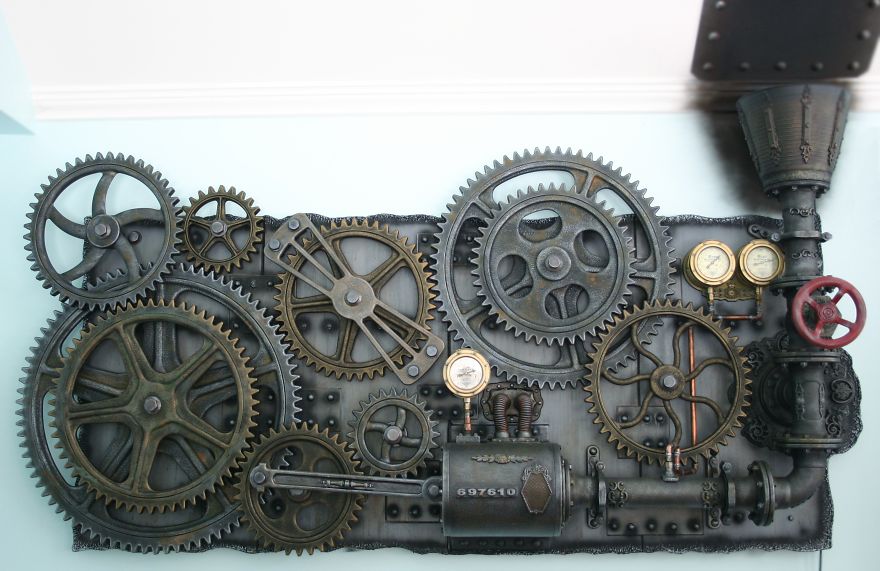 A Giant Kinetic Industrial Wall Sculpture Or Mural. (steampunk To The Max !) 8 Feet Wide X 5 Feet High And Approximately 250 Pounds. Made Of Mdf Wood