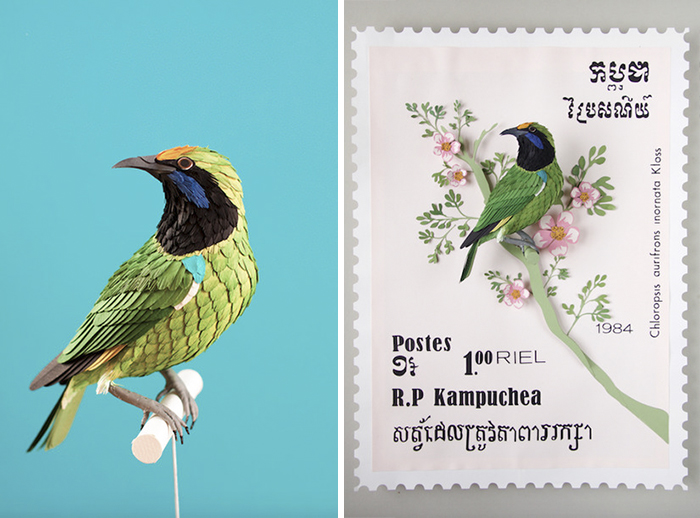 Realistic Bird Postage Stamps Made From Cut Paper