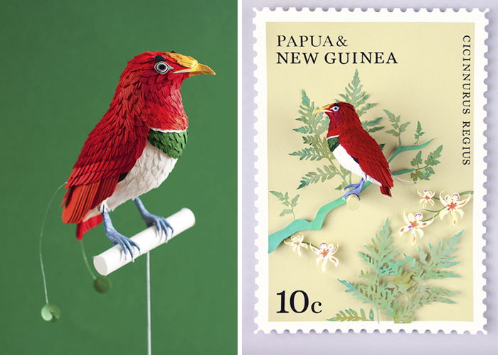 Realistic Bird Postage Stamps Made From Cut Paper