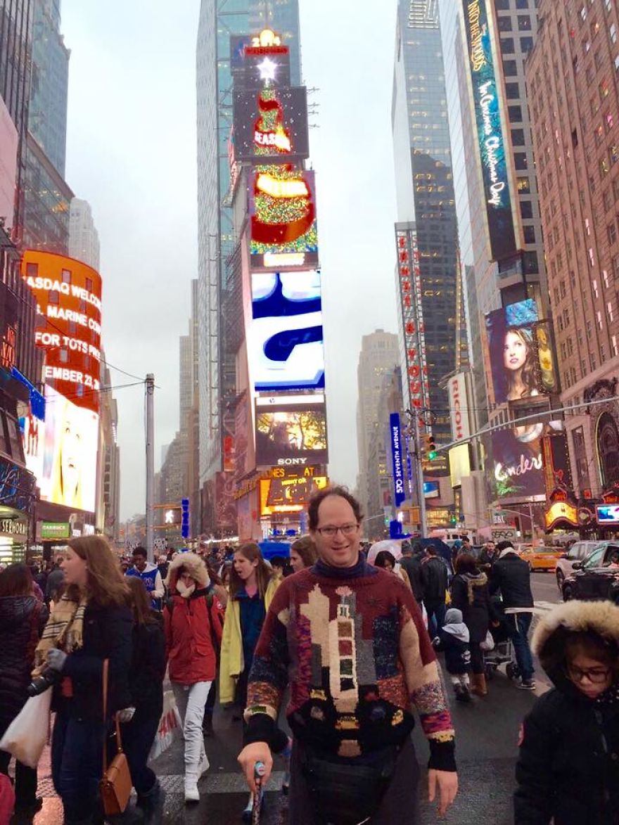 His Knit Sweaters Feature Landmarks And He Visits Each Landmark To Take A Selfie ...
