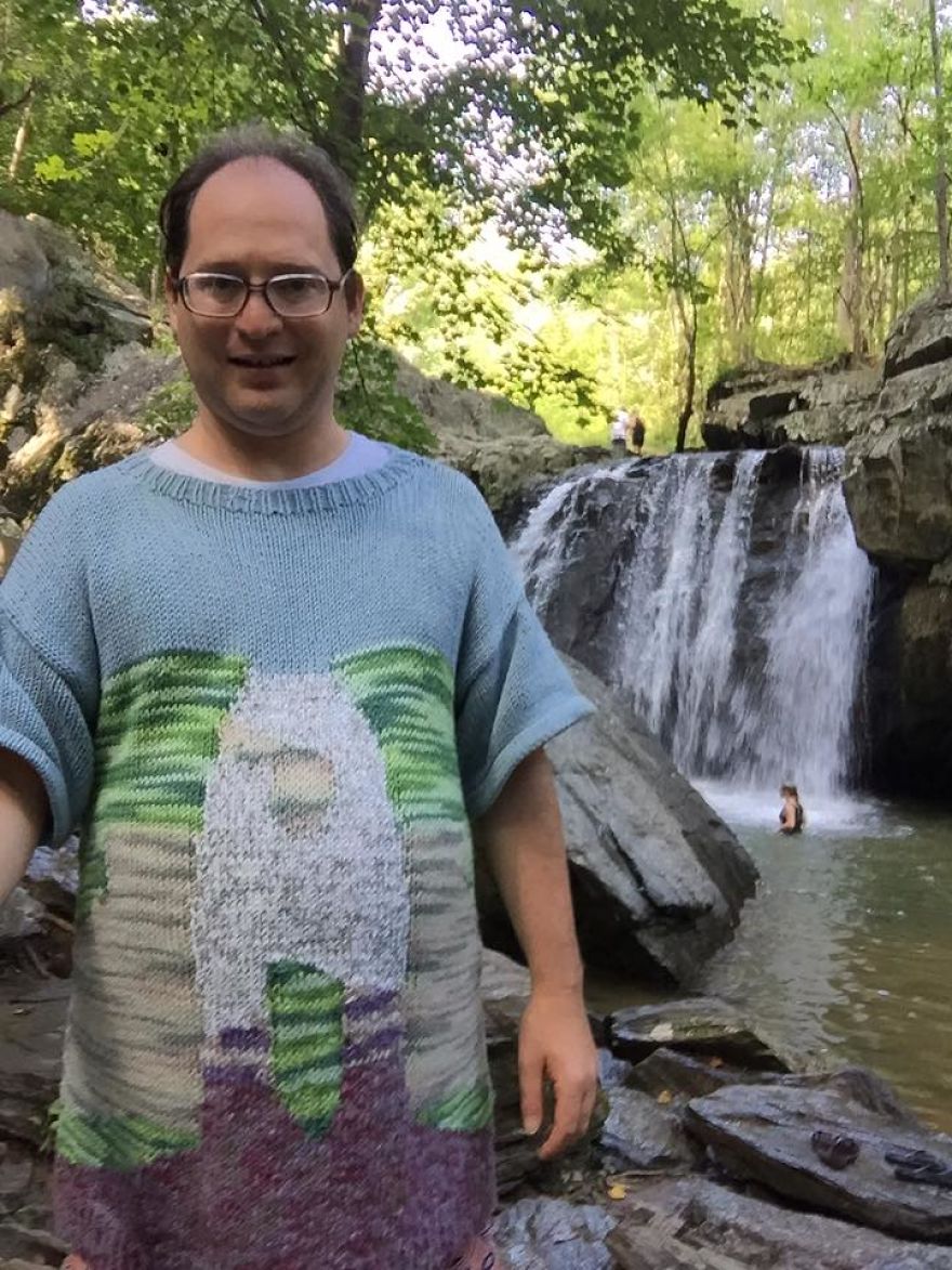 His Knit Sweaters Feature Landmarks And He Visits Each Landmark To Take A Selfie ...