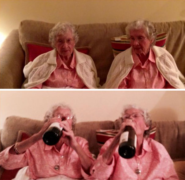 My Badass Grandma And Great Aunt Taking A Swig On Their 97th Birthday