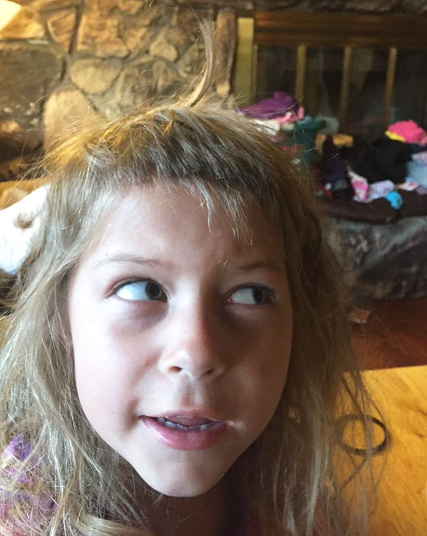 My Nine Year Old And Her Friend Cut My Younger Daughters Bangs. The Result Was Comical. She Handled It Surprisingly Well Considering Her Bangs Were Right At Her Scalp
