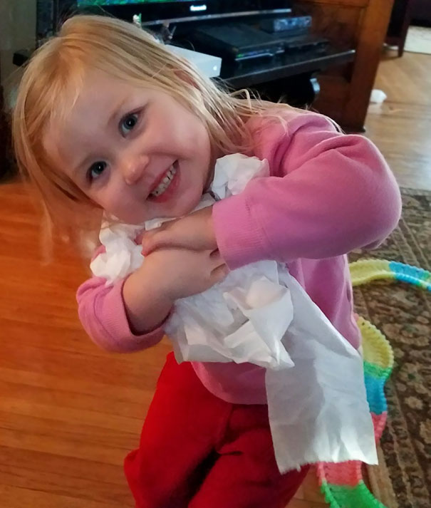 I Told My 2-Year-Old To Get Toilet Paper To Wipe Her Nose. She Grabbed Half A Square. I Told Her To Get A Big Piece. She Came Back With This