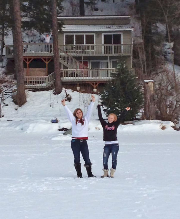 My Sister And Her Friend Were Excited To Walk Across The Frozen Lake. Guess My Dad Was Excited Too