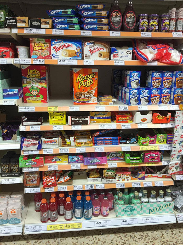 American Food Section In A Uk Supermarket. This Is Their Cross Section Of Your Eating Culture