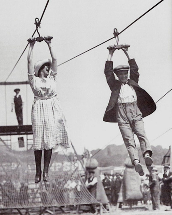 A Couple Enjoys An Old-Fashioned Zipline, 1923