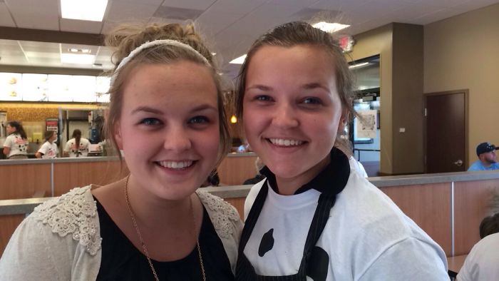 I (left) Met My Doppelgänger (jenna) At Chick-fil-a! I Actually Didn't Even See It Until All Her Coworkers Started Flipping Out. They Were Convinced We Were Twins Trying To Pull One Over On Them. After They Took The Picture I Flipped Too.