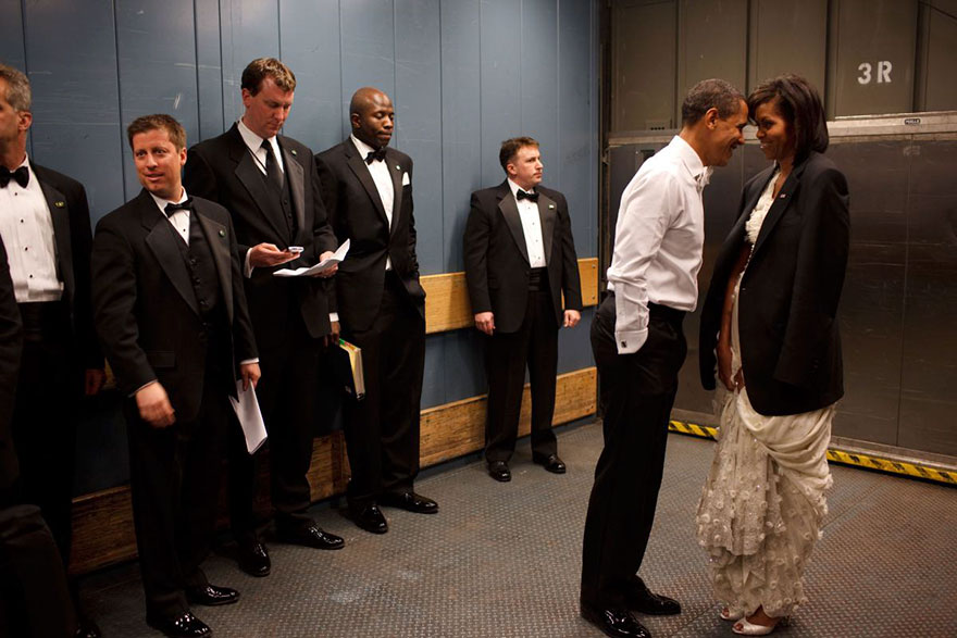 Barack Obama And Michelle Obama Share A Private Moment In A Freight Elevator At An Inaugural Ball In Washington, D.C., Jan. 20, 2009