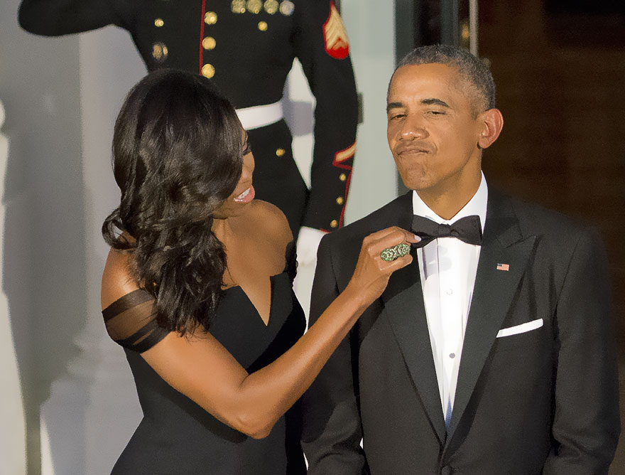Michelle Obama Adjusts The Tie Of Barack Obama As They Prepare To Welcome President XI Jinping Of China And Madame Peng Liyuan To A State Dinner In Their Honor On The North Portico Of The White House In Washington On Sept. 25, 2015