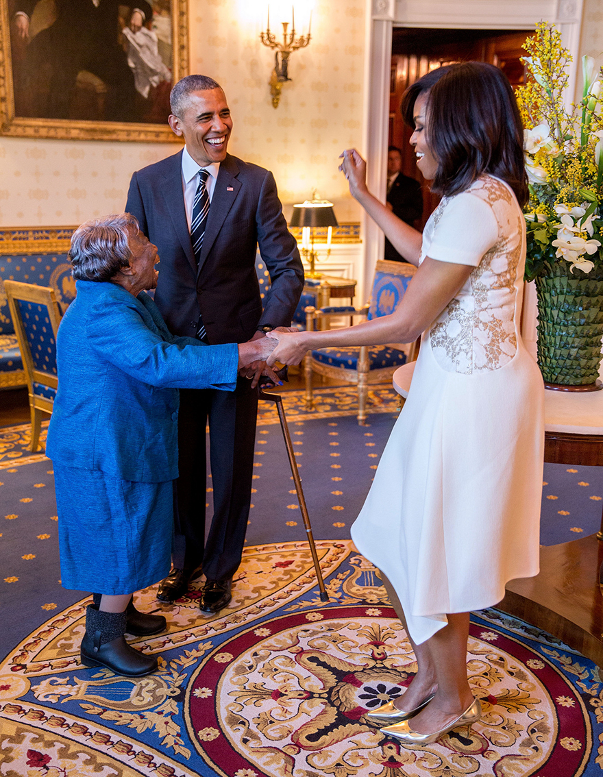 President Barack Obama Watches First Lady Michelle Obama Dance With 106-Year-Old Virginia McLaurin Prior To A Reception Celebrating African American History