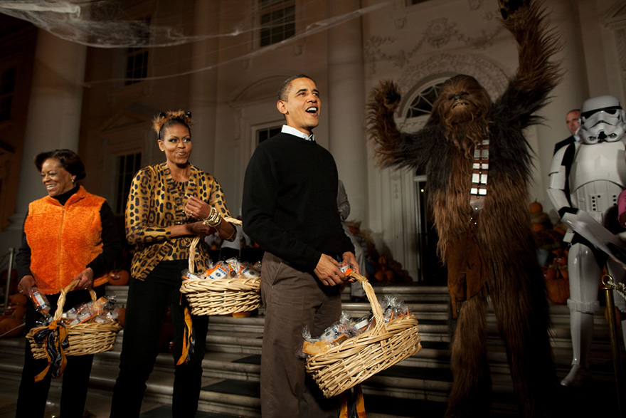 Barack Obama, First Lady Michelle Obama And Marian Robinson Welcome Children From Washington, D.C., Maryland And Virginia Schools For Halloween Festivities At The North Portico Of The White House