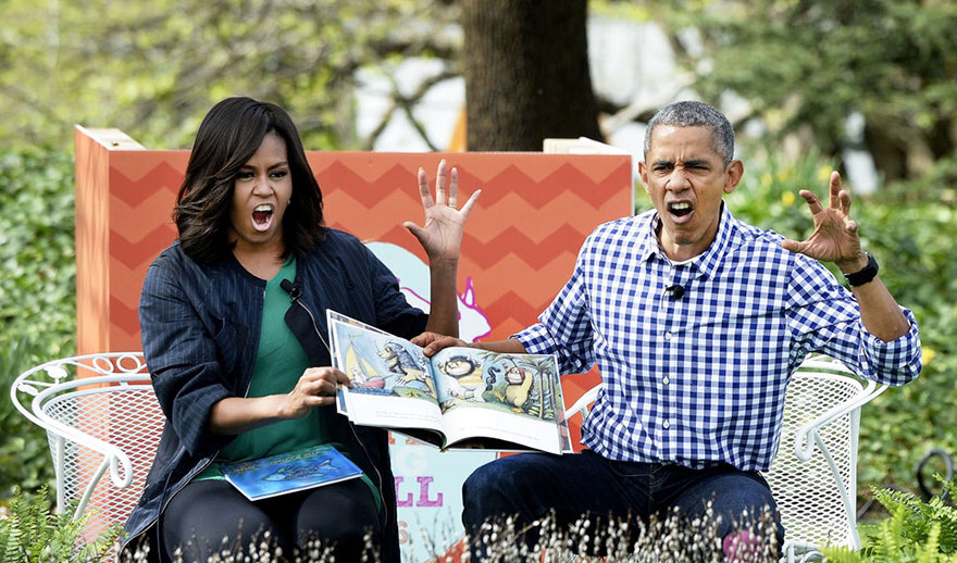 President Barack Obama And First Lady Michelle Obama Imitate Monsters As They Read Where The Wild Things Are During The White House Easter Egg Roll On The South Lawn Of The White House On March 28, 2016 In Washington, D.C.