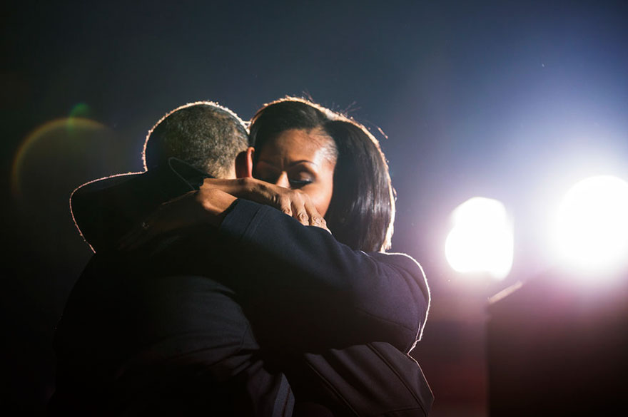 President Barack Obama Hugs First Lady Michelle Obama At A Campaign Rally In Des Moines, Iowa