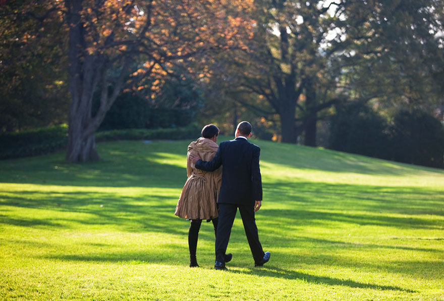 President Barack Obama And First Lady Michelle Obama Walk Towards Marine One Across The South Lawn Of The White House
