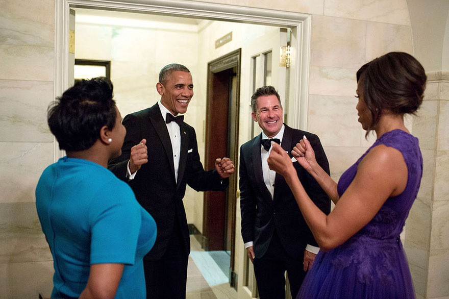 President Barack Obama And First Lady Michelle Obama Celebrate With Outgoing Social Secretary Jeremy Bernard And Incoming Social Secretary Deesha Dyer In The Ground Floor Corridor Following The State Dinner At The White House On April 28, 2015