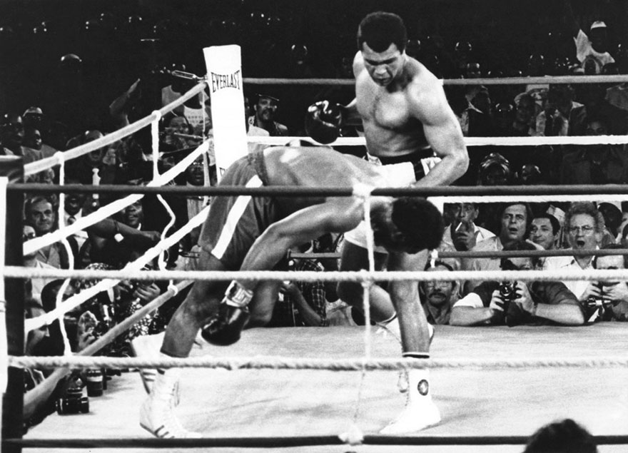 An October 30, 1974,Muhammad Ali As He Watches George Foreman Head For The Canvas After Being Knocked Out In The Eighth Round Of Their Match In Kinshasa, Zaire. It Was 41 Years Ago That Two Men Met Just Before Dawn On Oct. 30, 1974, To Earn $5 Million In The Rumble In The Jungle. In One Of Boxing's Most Memorable Moments, Muhammad Ali Stopped The Fearsome George Foreman To Recapture The Heavyweight Title In The Impoverished African Nation Of Zaire.