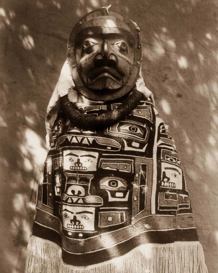A Qagyuhl Woman Wears A Fringed Chilkat Blanket And A Mask Representing A Deceased Relative Who Had Been A Shaman, 1914