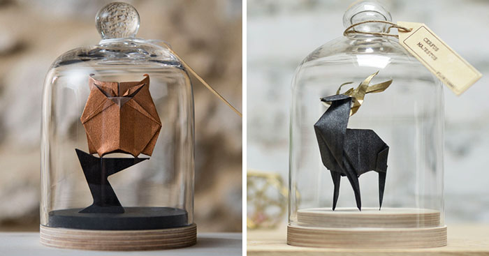 Artist Found An Amazing Way To Preserve Origami By Using Glass Bell Jars