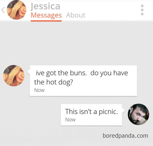 woman using a hot dog and buns as a pick-up line 