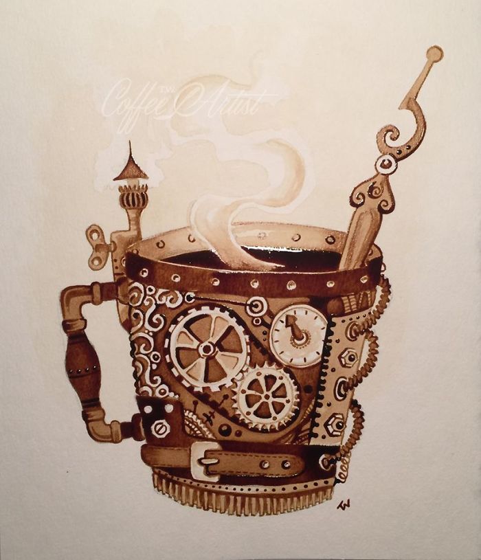 It Took Me Many Hours To "Paint" Steampunk Art Using Real Coffee