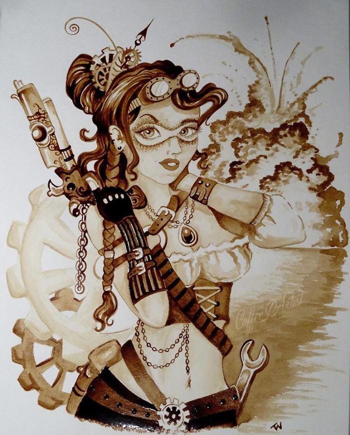It Took Me Many Hours To "Paint" Steampunk Art Using Real Coffee