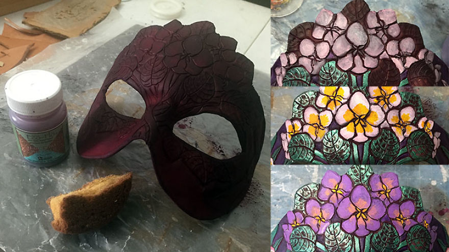 I Crafted A Mask With Violet Birth Flowers Out Of Leather