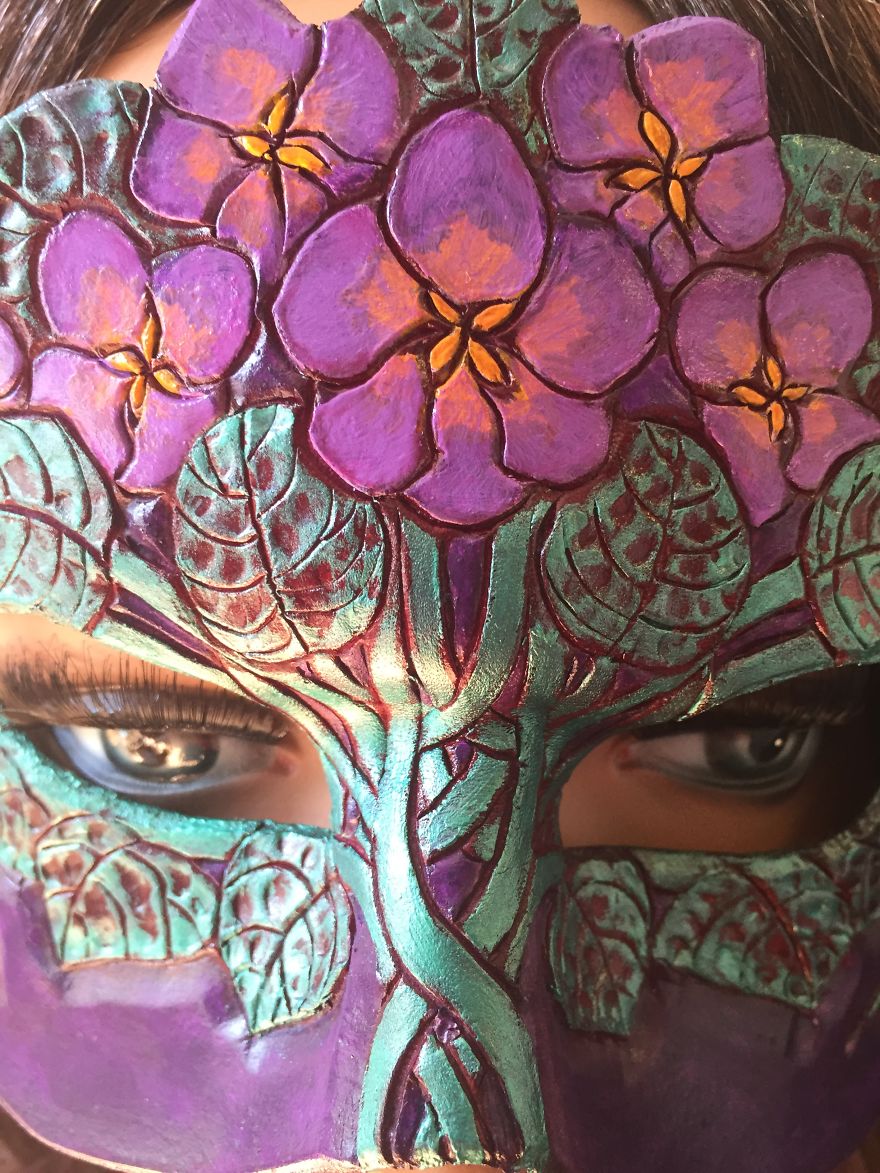 I Crafted A Mask With Violet Birth Flowers Out Of Leather