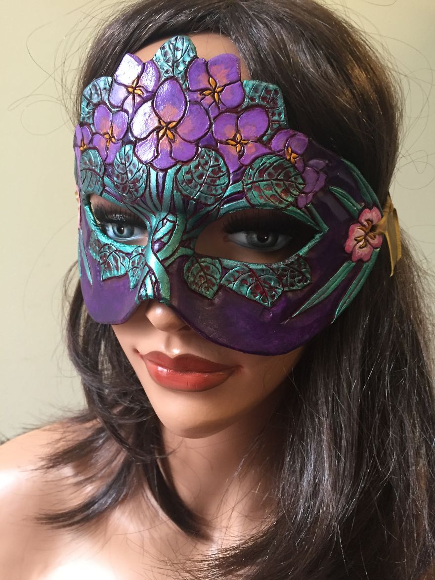 I Crafted A Mask With Violet Birth Flowers Out Of Leather