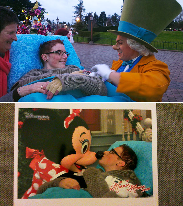 A Costumed Worker Entertains A Smiling Patient On Her Classic Wish For A 3-Day Trip To Euro Disney