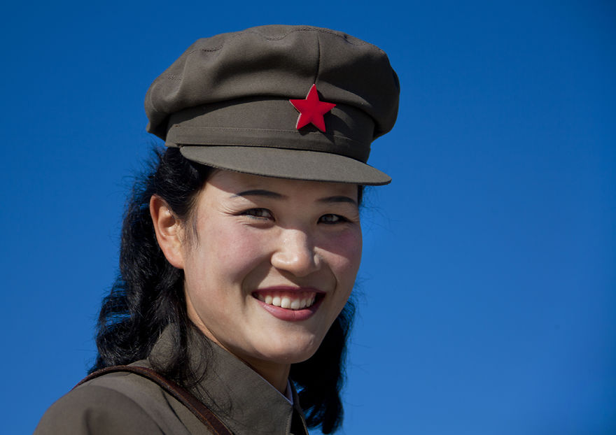 Female Soldier Smiling Wearing Cap With Red Star, Samjiyon Ryanggang, North Korea