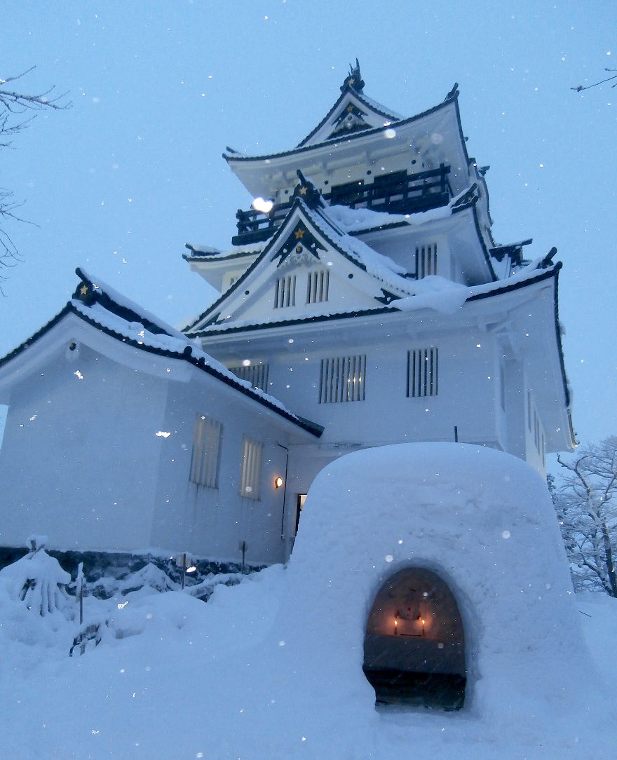Japanese Snow Hut Before Japanese Castle