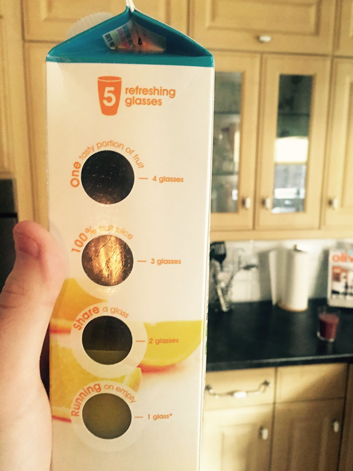 bottle of orange juice with gradation of how many glasses are left inside