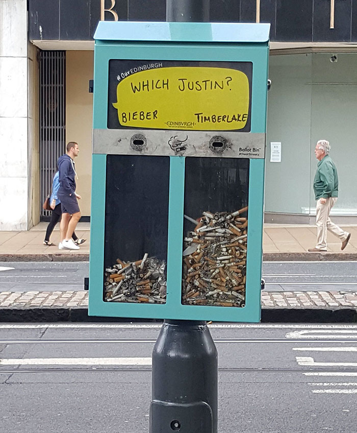 bin with two column for voting by cigarette butts