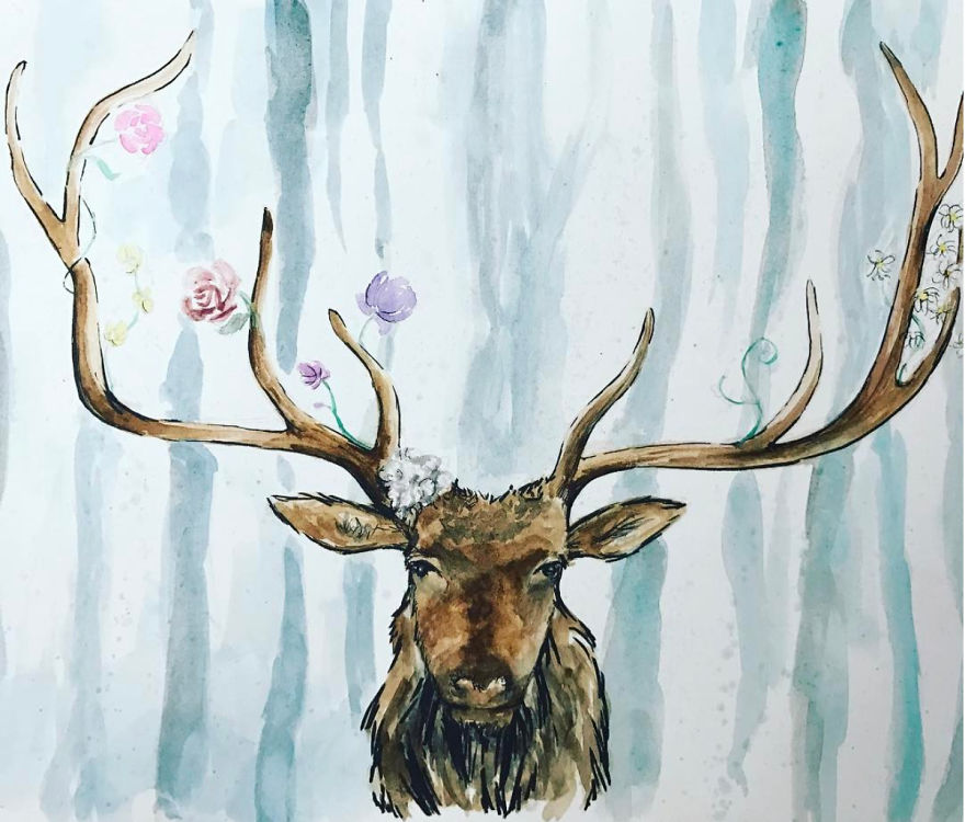 Elk Nature Painting - Watercolor With Flowers